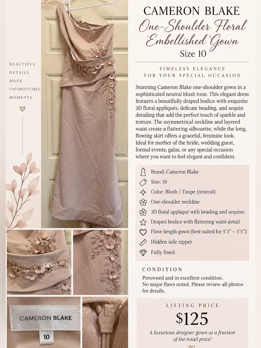 Cameron Blake CB142 Blush 3D Floral Beaded One Shoulder Gown Size 10